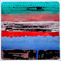 an abstract painting with red, blue, and green stripes