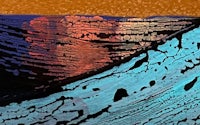 a painting of a wave with blue and orange colors