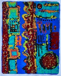 an abstract painting with red, blue, and yellow colors