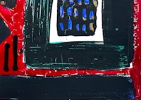 a black and red painting with a window
