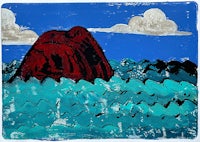 a painting of a red rock in the ocean