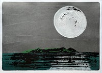 a black and white painting of a moon over an island