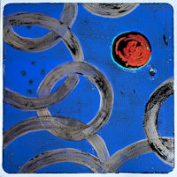 a painting of a red rose on a blue background