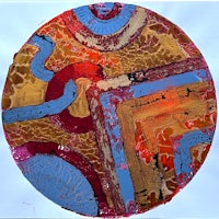 a circular painting with red, blue, and brown colors