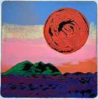 a painting of a red sun with mountains in the background