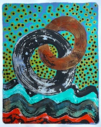 a painting of two rings on a blue background