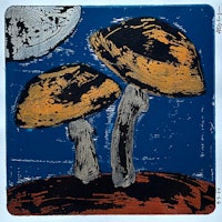 a painting of two mushrooms on a blue background
