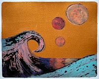 a painting of a wave with a red, orange, and blue circle