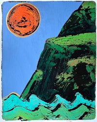 a painting of a cliff with waves and a sun