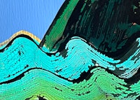 a painting of a green and blue wave with a mountain in the background