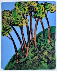 a painting of trees on a hill