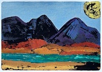 a painting of mountains and a moon