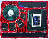 an abstract painting with red, blue, and black colors