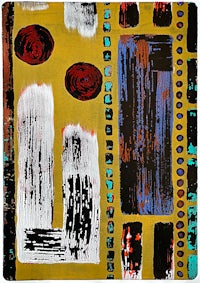 an abstract painting on a yellow background