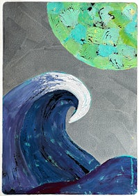 a painting of a wave with a planet in the background