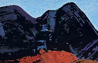 a painting of mountains on a blue background