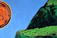 a painting of a lizard with a sun in the background