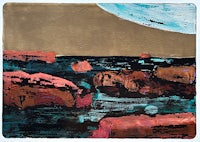 a painting of rocks and water with a moon in the background